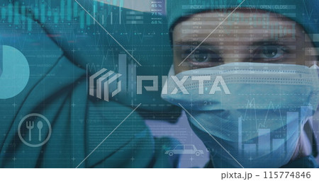 Image of financial data processing over caucasian businessman using smartphone 115774846