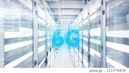 Image of multiple screens with data processing against light trails over computer server room 115774876