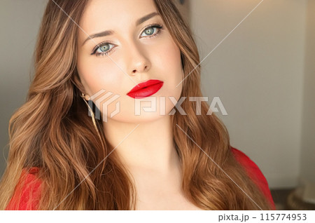 Beauty, makeup and hairstyle, face portrait of beautiful woman, red lipstick make-up and hair styling for skincare cosmetics, hair care, glamour style and fashion look idea Beauty, makeup and hairstyle, face portrait of beautiful woman, red lipstick make-up and hair styling for skincare cosmetics, hair care, glamour style and fashion look idea 115774953