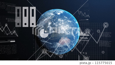 Image of statistics and data processing over earth globe on blue background Image of statistics and data processing over earth globe on blue background 115775015