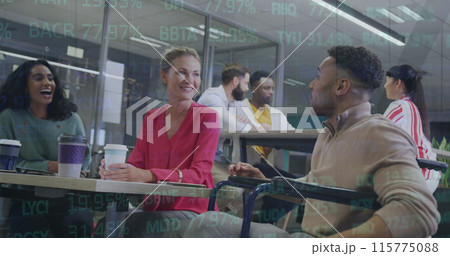 Image of financial data processing over diverse business people at office 115775088