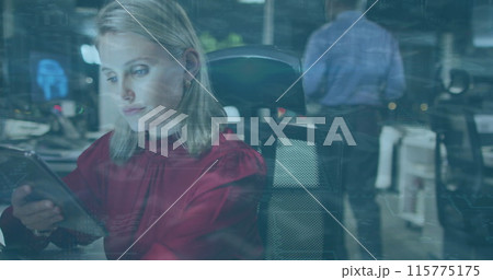 Image of data processing over caucasian businesswoman using tablet at office Image of data processing over caucasian businesswoman using tablet at office 115775175