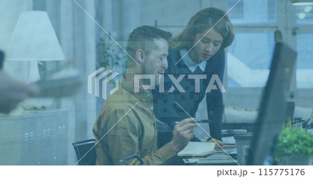 Image of data processing over diverse business people working at office Image of data processing over diverse business people working at office 115775176