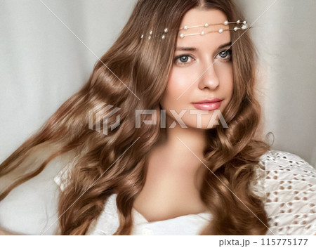 Beautiful bridal look, bride with long hair, wearing pearl tiara jewellery and beauty makeup, woman with curly hairstyle, face portrait for wedding and fashion style idea 115775177