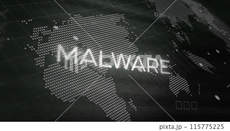 Image of malware text over world map and data processing on black background 115775225