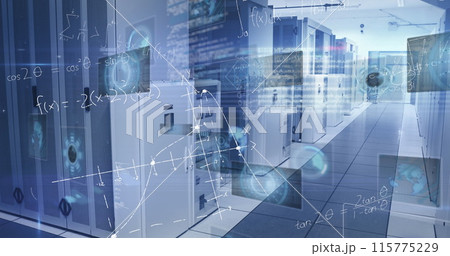 Image of scope scanning with data processing and mathematical equations over server room 115775229
