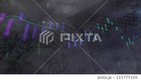 Image of data processing and world map over rain falling against tall building 115775320