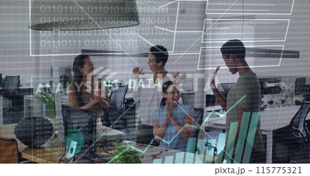 Image of data processing and binary coding over diverse business people talking in office Image of data processing and binary coding over diverse business people talking in office 115775321