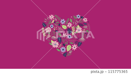 Image of multiple hearts of flowers over falling flowers on pink background 115775365