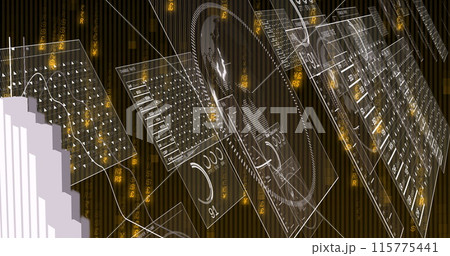 Image of financial data processing and screens over black background Image of financial data processing and screens over black background 115775441