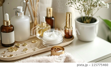 Skincare cosmetic product, spa and organic beauty cosmetics for bodycare, hair care, natural skin care routine 115775460