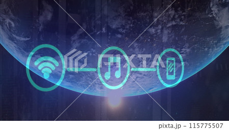 Image of network of digital icons over globe and light spot against computer server room Image of network of digital icons over globe and light spot against computer server room 115775507