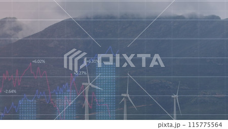 Image of statistical data processing over spinning windmills on grassland 115775564