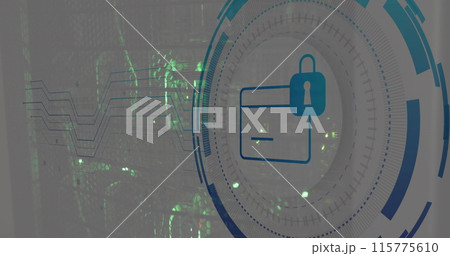 Image of padlock and card icon in circle over data server systems Image of padlock and card icon in circle over data server systems 115775610