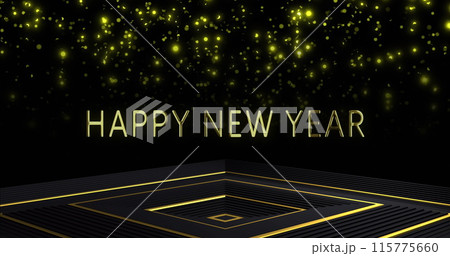 Image of happy new year text over glowing spots on black background Image of happy new year text over glowing spots on black background 115775660