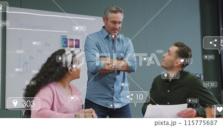 Image of notification bars over diverse coworkers discussing about product design in office Image of notification bars over diverse coworkers discussing about product design in office 115775687