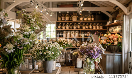 Details and products on shelves in the English counryside farm shop, small business, country style design 115775724