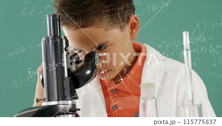 Digital composite of a Caucasian boy looking into a microscope and equations running in the foregrou 115775837