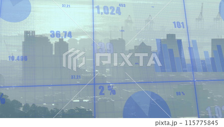 Image of statistics and financial data processing over cityscape 115775845