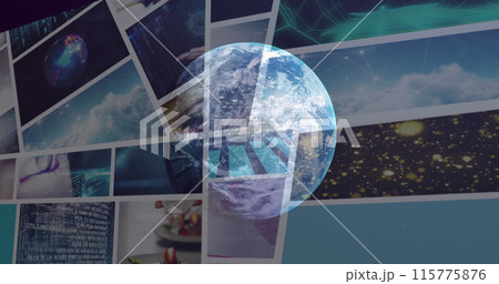 Image of globe in space over colourful clips playing on composite screens Image of globe in space over colourful clips playing on composite screens 115775876