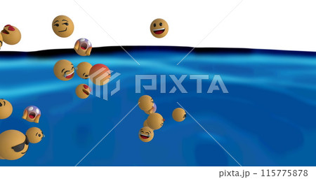 Digital image of multiple face emojis floating against blue liquid texture on white background Digital image of multiple face emojis floating against blue liquid texture on white background 115775878