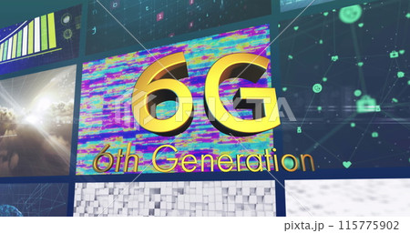 Image of 6g 6th generation text in gold over colourful clips playing on composite screens 115775902