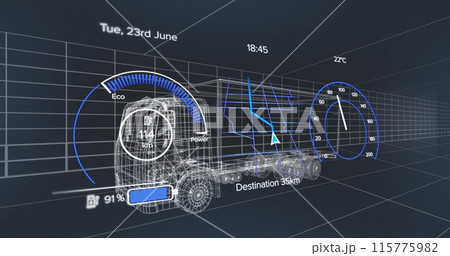 Image of speedometer over electric truck project on navy background Image of speedometer over electric truck project on navy background 115775982