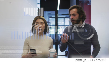 Image of financial data processing over diverse business people 115775988