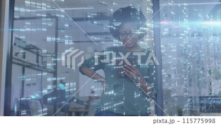 Image of moving columns over african amercan businesswoman Image of moving columns over african amercan businesswoman 115775998