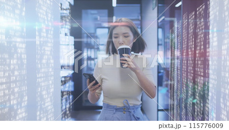 Image of moving columns over biracial businesswoman Image of moving columns over biracial businesswoman 115776009