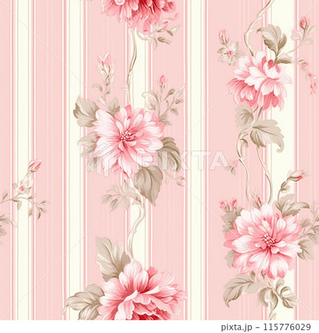 Seamless pattern, tileable striped pink floral country style print for wallpaper, wrapping paper with English countryside rose flowers for scrapbook, fabric and product design idea 115776029
