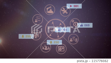 Image of network of social media icons and numbers Image of network of social media icons and numbers 115776082