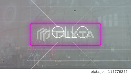 Image of hello text in rectangle, graphs and numbers over globe against city in background Image of hello text in rectangle, graphs and numbers over globe against city in background 115776255
