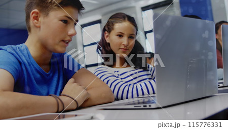 Image of financial data processing and globe over diverse schoolchildren using laptop in class 115776331