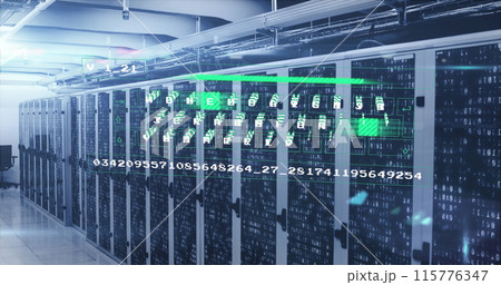 Image of data processing against mosaic squares over computer server room 115776347