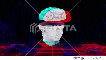 Image of antique head sculpture with grid metaverse background Image of antique head sculpture with grid metaverse background 115776349