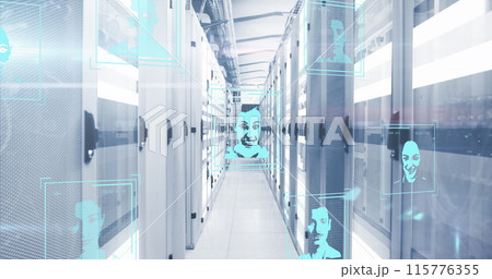 Image of multiple profile icons and data processing against light trails over server room Image of multiple profile icons and data processing against light trails over server room 115776355