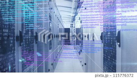A computer server room with data processing and digital information flowing through the network of s 115776372