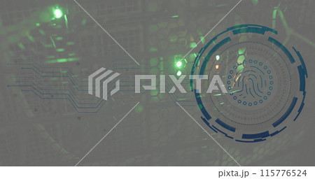 Image of fingerprint in loading circles over illuminated data server rack Image of fingerprint in loading circles over illuminated data server rack 115776524