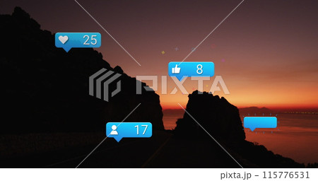 Image of social media icons over sunset and sea landscape 115776531