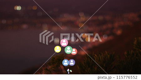 Image of social media icons and rocky shore with sea landscape 115776552