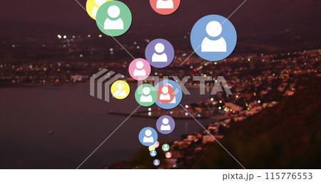 Image of social media icons and rocky shore with sea landscape Image of social media icons and rocky shore with sea landscape 115776553