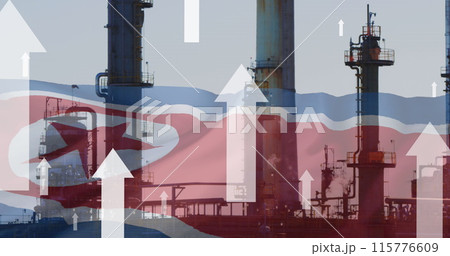 Image of white arrows and flag of north korea over factory 115776609
