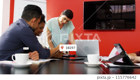 Image of multiple notification bars over diverse coworkers discussing reports in office 115776642