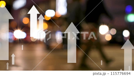 Image of up arrows over blurred vehicles stopped on signal and diverse people crossing street Image of up arrows over blurred vehicles stopped on signal and diverse people crossing street 115776694