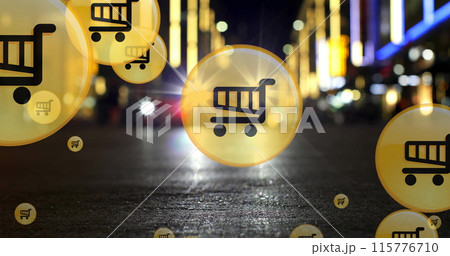Image of shopping cart icons over low angle view of car moving on street in city Image of shopping cart icons over low angle view of car moving on street in city 115776710