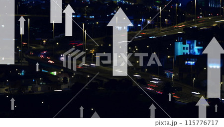 Image of multiple up arrows over time lapse of moving vehicles on bridge in city Image of multiple up arrows over time lapse of moving vehicles on bridge in city 115776717