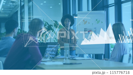 Image of graphs, loading bars, map, diverse woman explaining strategy to coworkers on whiteboard Image of graphs, loading bars, map, diverse woman explaining strategy to coworkers on whiteboard 115776718