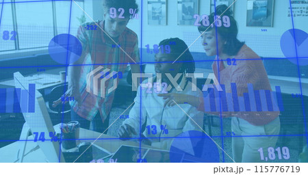 Image of changing numbers and graphs over diverse coworkers discussing reports on computer Image of changing numbers and graphs over diverse coworkers discussing reports on computer 115776719