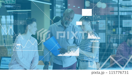 Image of multiple icons over diverse coworkers standing and discussing in office Image of multiple icons over diverse coworkers standing and discussing in office 115776731